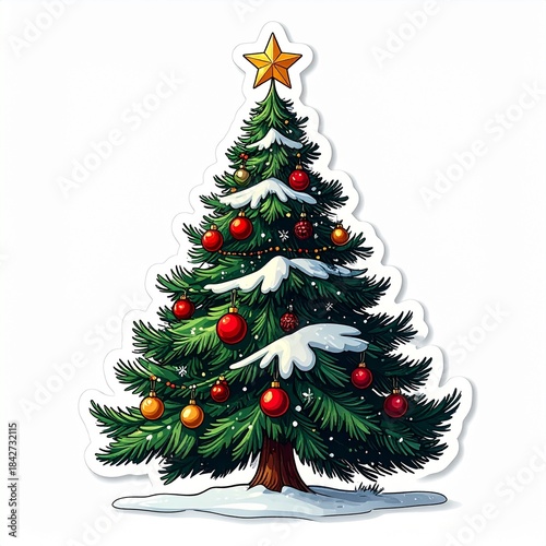 Decorated Christmas tree covered in snow and topped with a golden star.