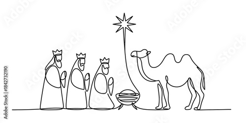 Continuous line drawing of three wise men and a camel at the nativity scene Vector, illustration