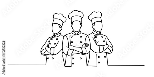 A line drawing illustrating a team of three chefs standing side by side with their arms crossed Vector, illustration