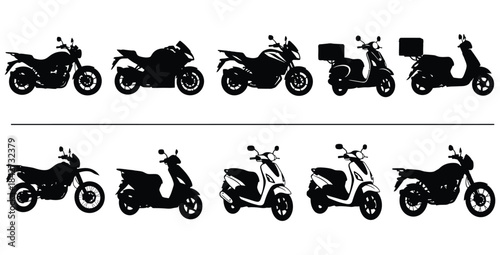 Collection of black motorcycle and scooter silhouettes showcasing diverse styles for transportation and delivery services