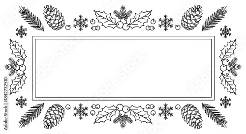 Elegant black and white frame with festive winter and Christmas decorations