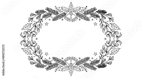 Decorative line art holiday wreath frame featuring seasonal greenery and jingle bells