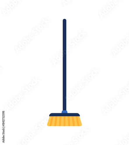 Flat vector illustration of a cleaning broom with yellow bristles and a blue handle. Ideal for cleaning icons, household supplies sets, infographics, and maintenance graphics.
