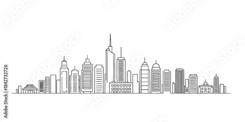 Minimalist line art illustration of a modern city skyline against a white background Vector, illustration