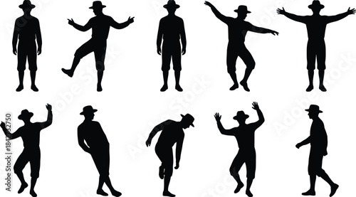 Dancing man silhouette set, various expressive poses with hat, energetic movement illustration, isolated vector figures for performance, choreography, festival and creative design