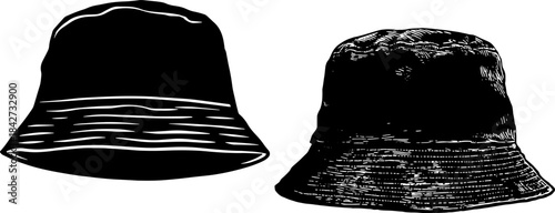 Vintage Bucket Hat Silhouettes in Xerography Halftone Style, Retro Streetwear Headwear Illustration on Transparent Background