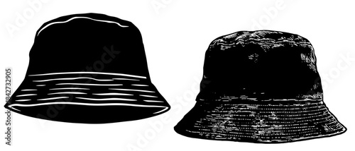 Vintage Bucket Hat Silhouettes in Xerography Halftone Style, Retro Streetwear Headwear Illustration on Transparent Background