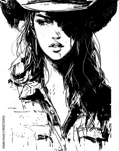 Vintage Cowgirl Portrait Collection in Xerography Halftone Style, Retro Western Female Illustration on Transparent Background