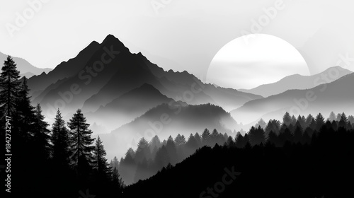 Mountain landscape with stylized sun, stencil art, half-erased environmental messages