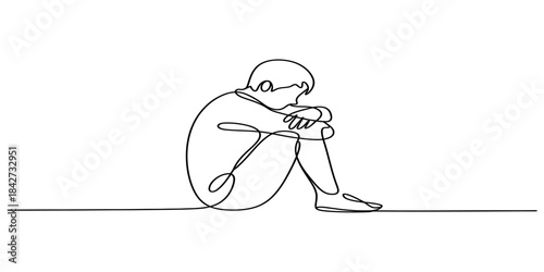 Continuous single line art of a person sitting alone, symbolizing loneliness and depression Vector, illustration
