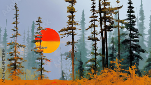 Mountain landscape with stylized sun, stencil art, half-erased environmental messages