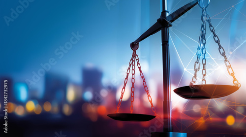 Scales of justice with geometric shapes, strong stencil outlines, faded legal terms in background
