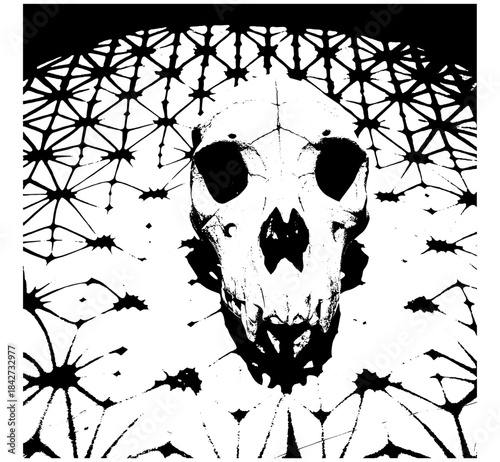 Vintage Animal Skull with Insects Pattern in Xerography Halftone Style, Retro Dark Symbolic Illustration on Transparent Background