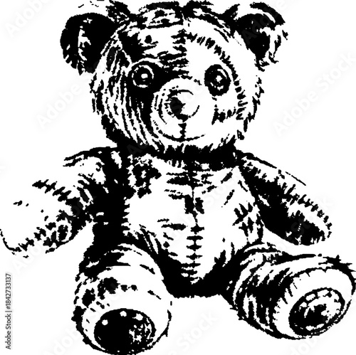 Vintage Teddy Bear Plush Silhouette in Xerography Halftone Style, Retro Creepy Toy Illustration on Transparent Background
