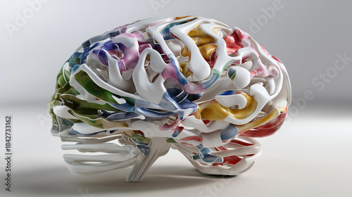 Brain icon drawn in segmented stencil shapes, faded creativity keywords behind