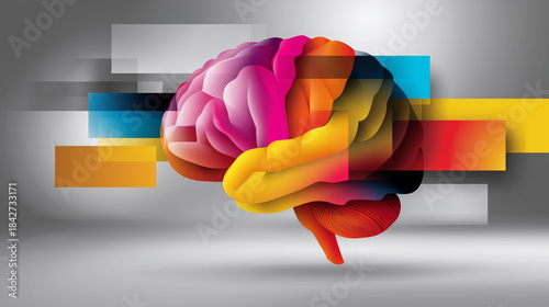 Brain icon drawn in segmented stencil shapes, faded creativity keywords behind