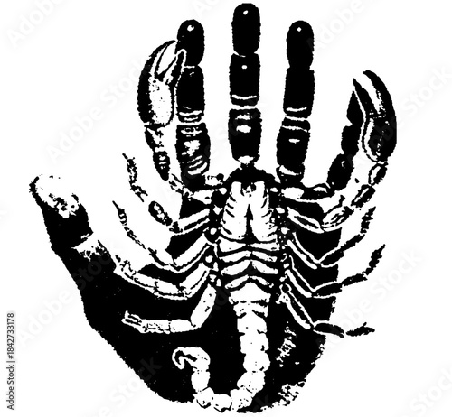 Vintage Skeleton Hand Silhouette in Xerography Halftone Style, Retro Anatomical Palm Illustration on Transparent Background