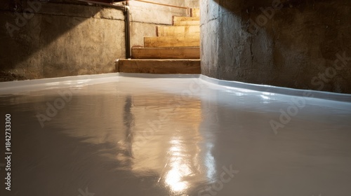 Medium shot showcasing a smooth application of waterproof coatings on basement surfaces emphasizing seamless defense against dampness and leaks.