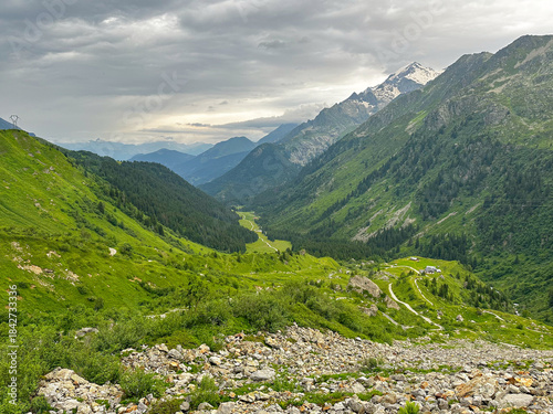 Overlooking the Col du Bonhomme mountain landscape in summer