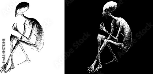 alien Vintage Contemplative Human Figure Engraving, Inverted Black White Xerography Vector for Laser Engraving on Dark Background