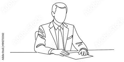Continuous line drawing of a professional man sitting at a desk with documents Vector, illustration
