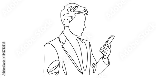 Continuous line art illustration showing a stylish man in a suit checking his smartphone Vector, illustration
