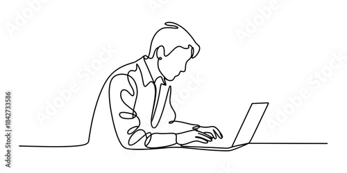 Continuous line art illustration of a person working and typing on a laptop Vector, illustration