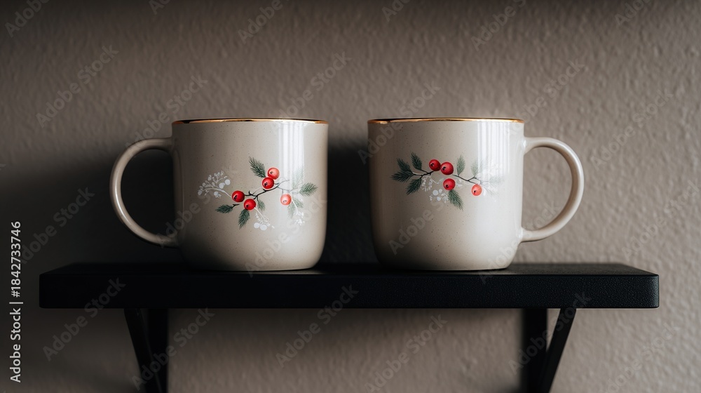 Fototapeta premium Two festive holiday mugs with red berries and green branches on a dark shelf against a textured wall