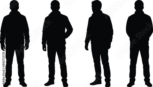Male silhouette figure set, standing man in casual clothing, various posture positions, isolated vector illustration for design, modern character collection