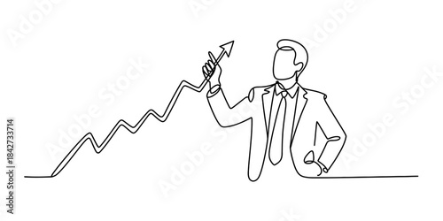 Businessman pointing at a continuous line graph showing upward growth and success Vector, illustration