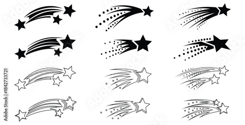 Collection of twelve stylized shooting star and comet vector graphics in solid black and outline formats