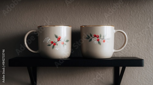 Wallpaper Mural Two festive holiday mugs with red berries and green branches on a dark shelf against a textured wall Torontodigital.ca