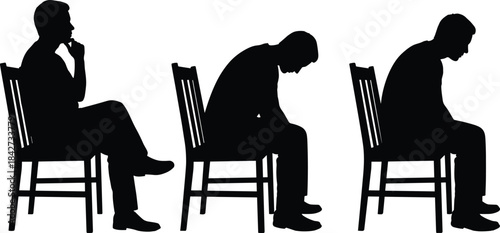 Man sitting silhouette poses, thoughtful seated figure, depressed posture on chair, mental health concept illustration, isolated vector person in various positions