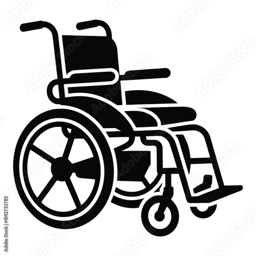 Black silhouette of a standard manual wheelchair for disabled people, providing mobility and accessibility, isolated on a transparent background