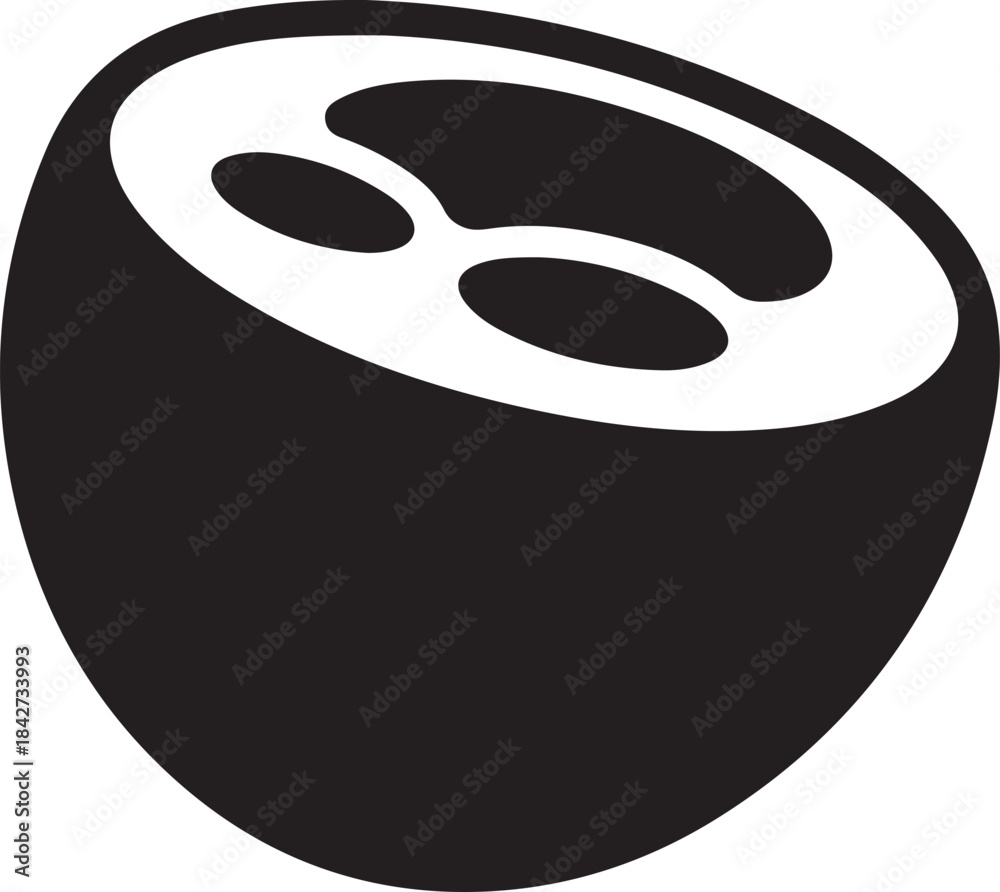 Obraz premium Vector icon of a dark half-cut coconut shell with three visible internal seeds on a plain background