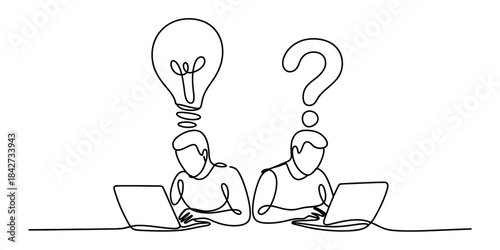 Continuous line drawing representing creative ideas and problem-solving, showing a lightbulb and question mark above two people Vector, illustration