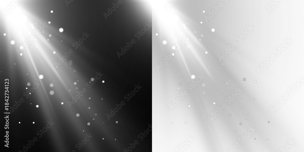 Fototapeta premium White light rays with dust particles on black and white background