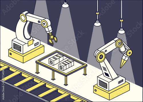 Modern automated factory floor where precise robotic arms assemble products on a sleek assembly line