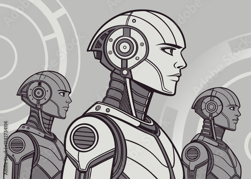 Stunning lineup of futuristic androids showcasing sleek humanoid robot design in monochromatic tones