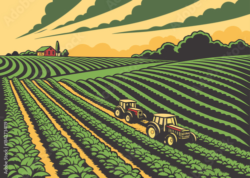 Stunning retro woodcut style farm scene showing tractors cultivating vibrant green rolling fields at sunset