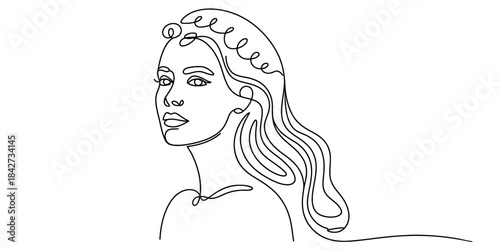 Continuous line art drawing of a beautiful woman's face and wavy hair Vector, illustration