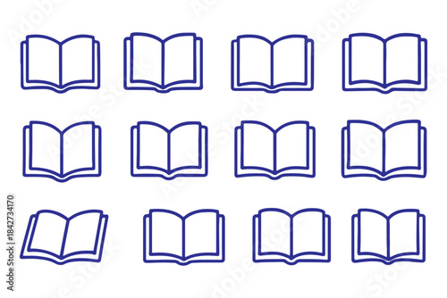 Set of linear icons of open books with paper pages. Vector ill