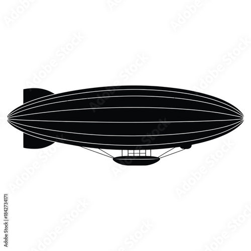Classic black silhouette of a vintage zeppelin airship, representing early aviation and majestic aerial travel, isolated on transparent background