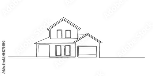 Continuous line drawing of a detached house with two stories and a garage Vector, illustration