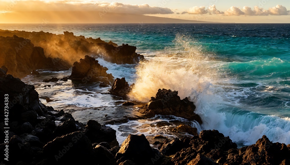 Fototapeta premium Spectacular Ocean Waves Crashing Against Volcanic Rocks at Golden Hour