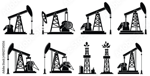 Collection of black silhouette icons representing various oil drilling pump jacks and extraction equipment
