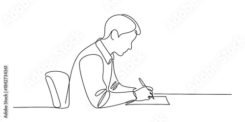 A continuous line drawing illustration of a young man sitting at a desk and writing on paper Vector, illustration
