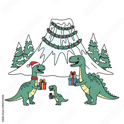 Cartoon dinosaur family exchanging gifts in snowy landscape with decorated volcano background