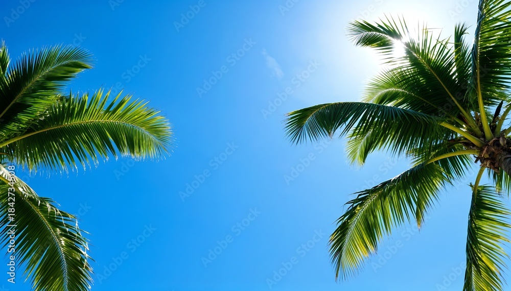 Fototapeta premium Tropical palm trees against a brilliant blue sky on a sunny day