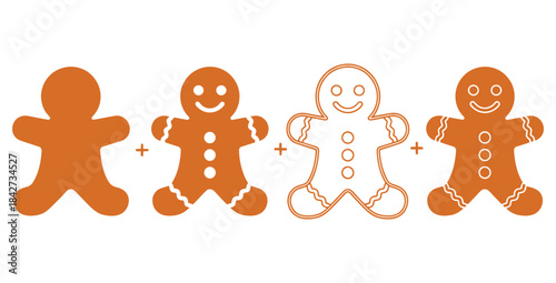 Gingerbread man cookie creation process showing step by step assembly of festive holiday baking icons